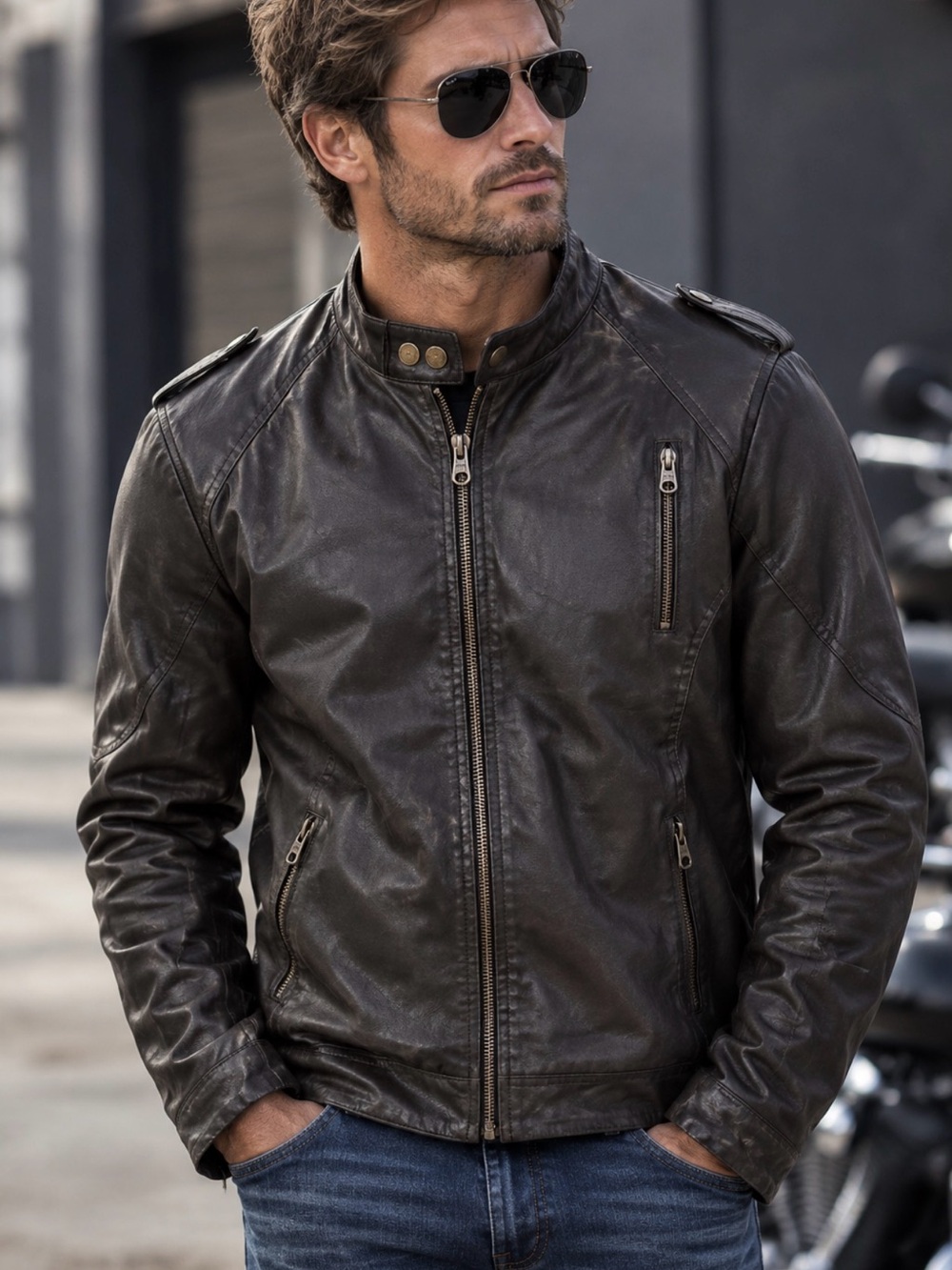 REVOLVE Men's Dark Brown Leather Bomber Jacket